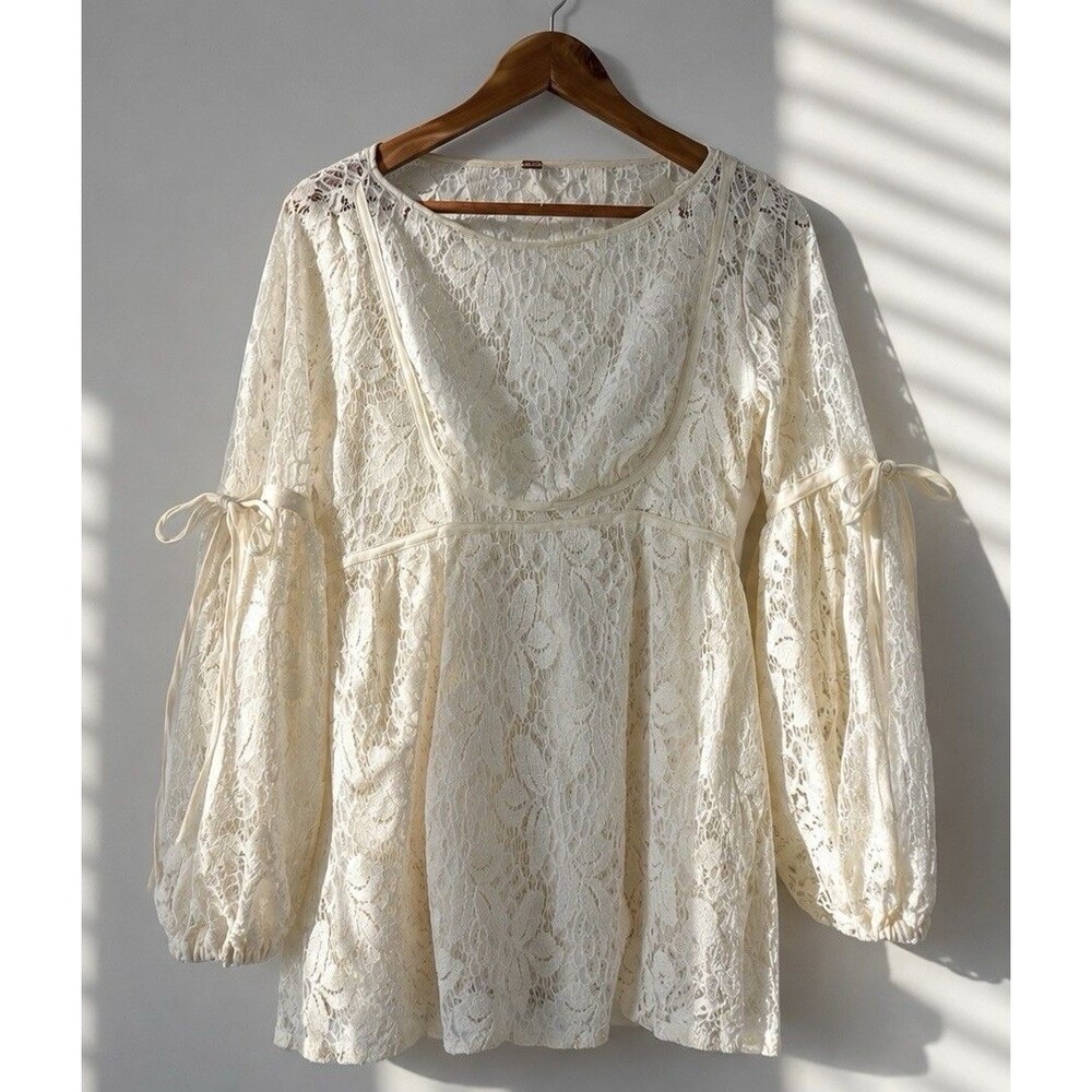 Free People Ivory Lace Boho Mini Dress Bell Sleeve Romantic Cottagecore Small